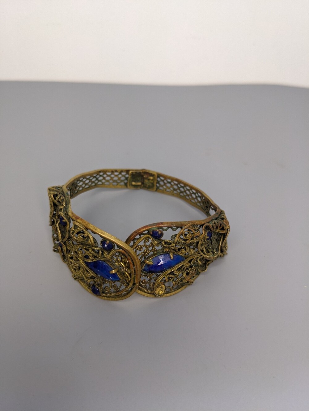 Vintage Filigree Bracelet Blue Prong Set Stones Spring Hinge Victorian Revival